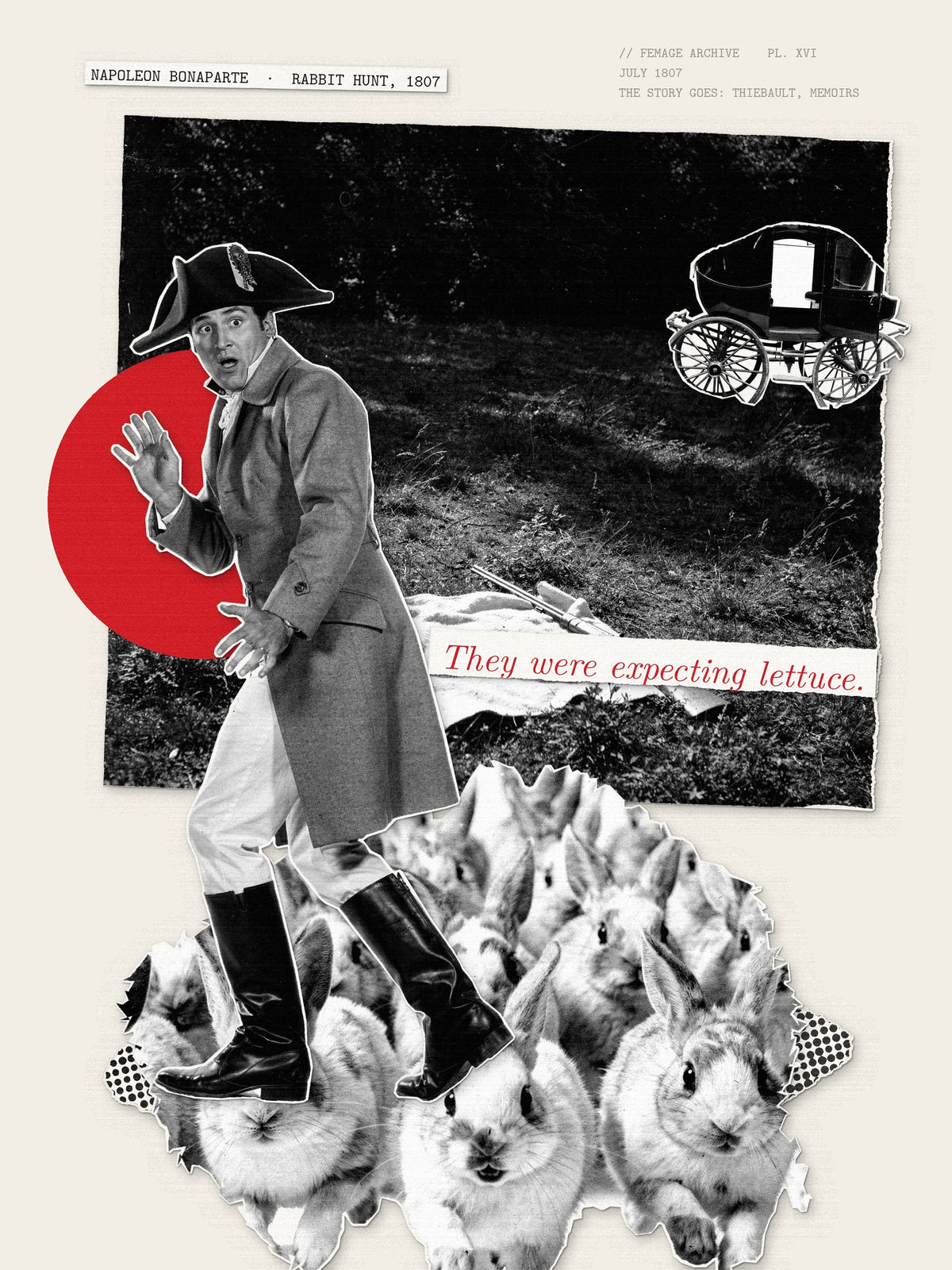 Plate XVI collage, They were expecting lettuce.: a wall of running rabbit silhouettes and a small carriage far across a meadow