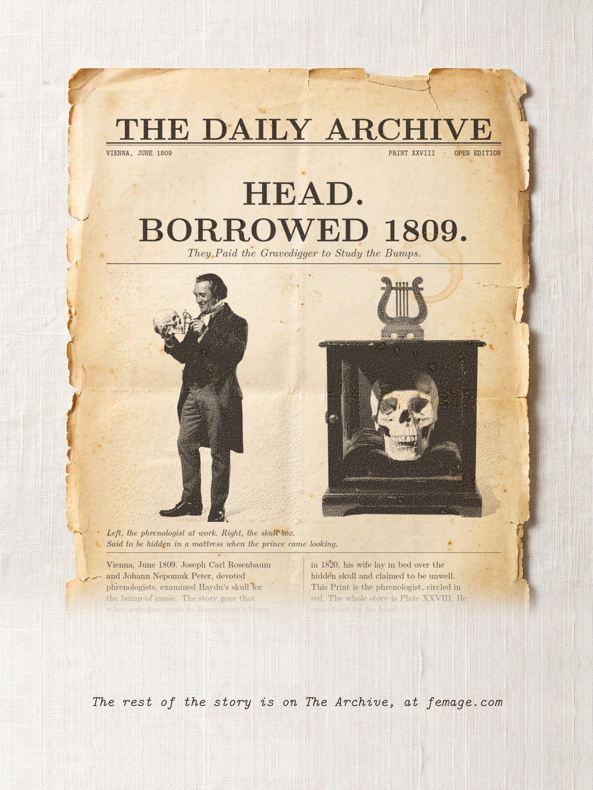 The story of this Print on aged newspaper paper: the title and first lines of the true story, from The Daily Archive.