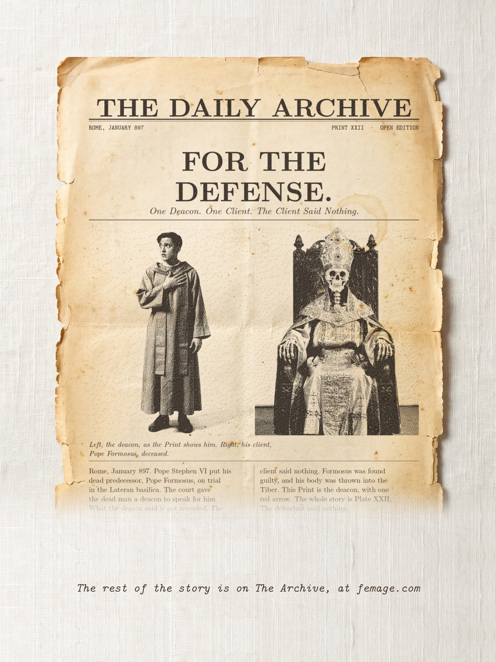 The story of this Print on aged newspaper paper: the title and first lines of the true story, from The Daily Archive.