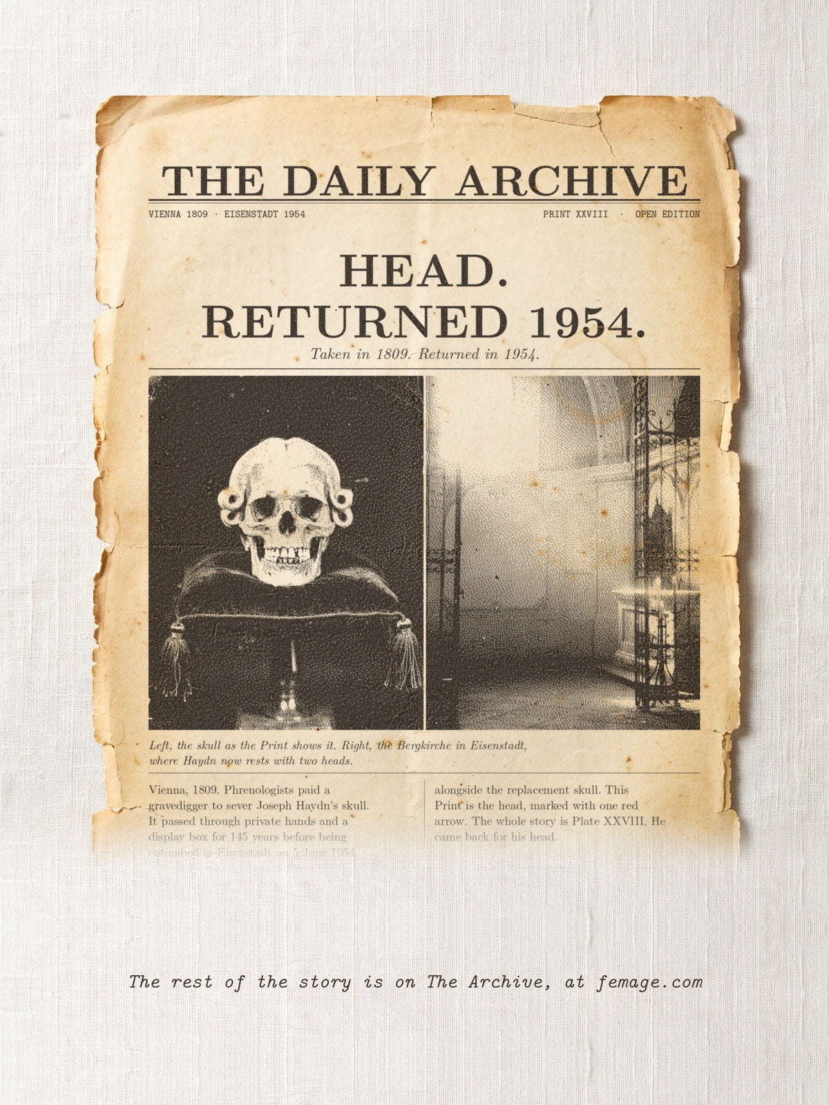 The story of this Print on aged newspaper paper: the title and first lines of the true story, from The Daily Archive.