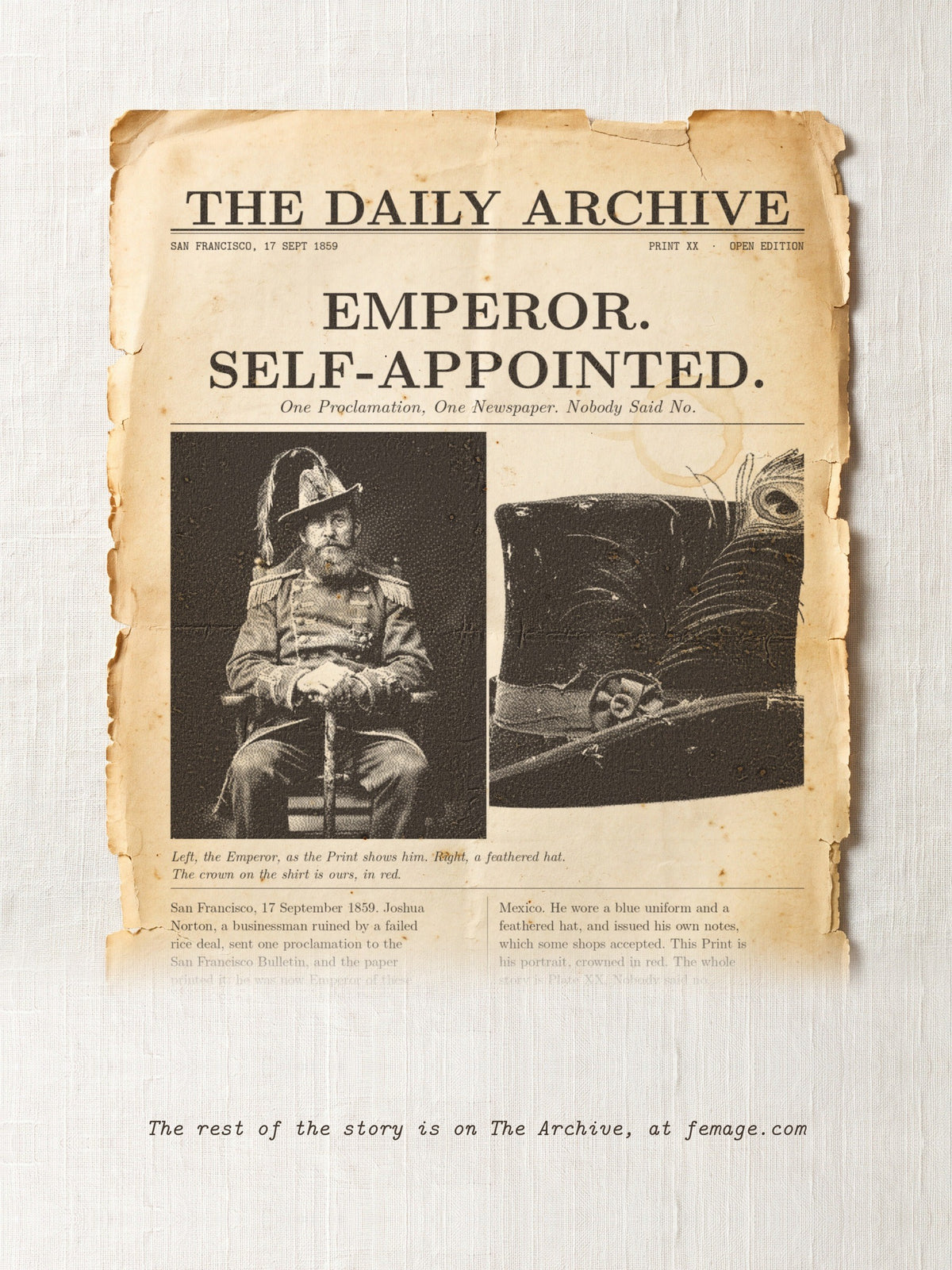 The story of this Print on aged newspaper paper: the title and first lines of the true story, from The Daily Archive.