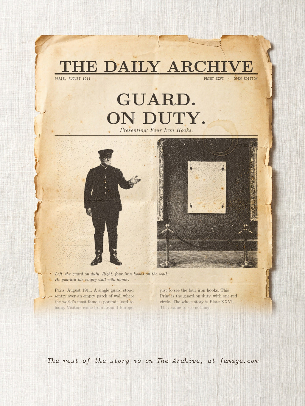 The story of this Print on aged newspaper paper: the title and first lines of the true story, from The Daily Archive.