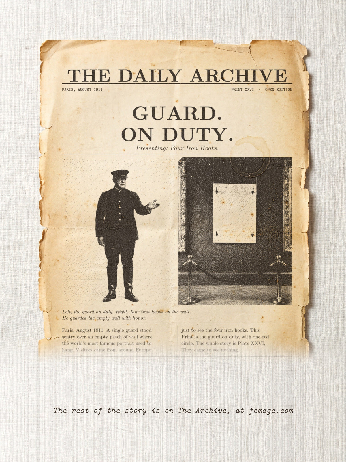 The story of this Print on aged newspaper paper: the title and first lines of the true story, from The Daily Archive.