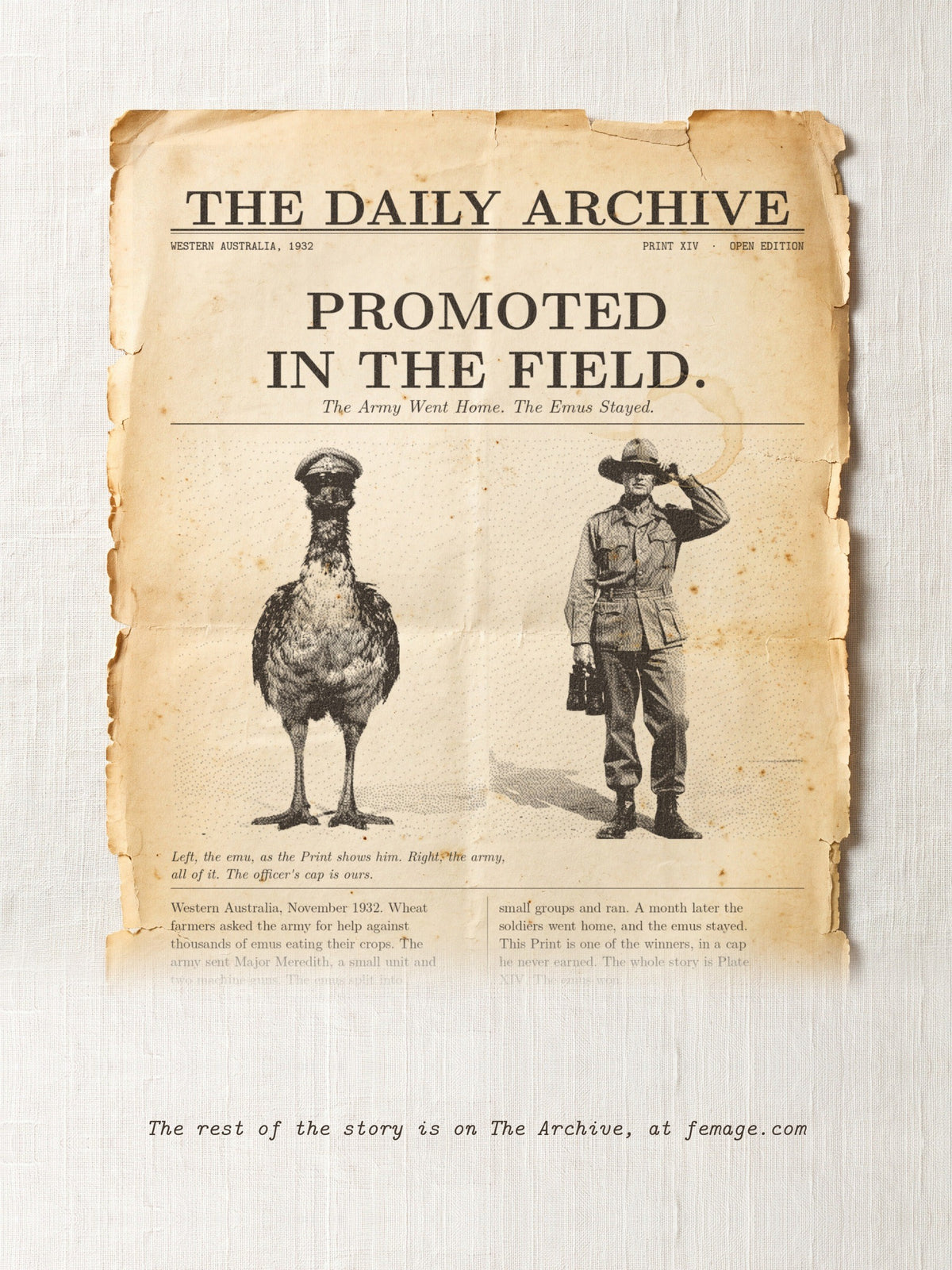 The story of this Print on aged newspaper paper: the title and first lines of the true story, from The Daily Archive.