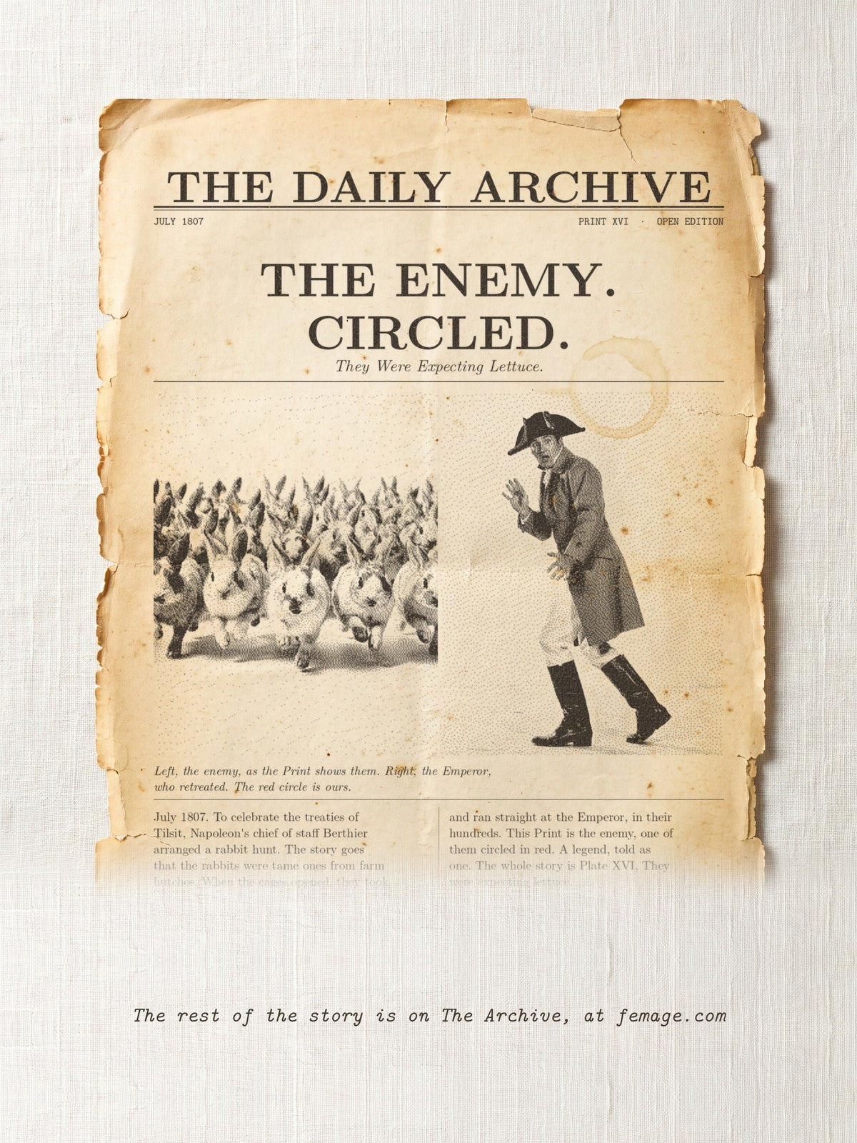 The story of this Print on aged newspaper paper: the title and first lines of the true story, from The Daily Archive.