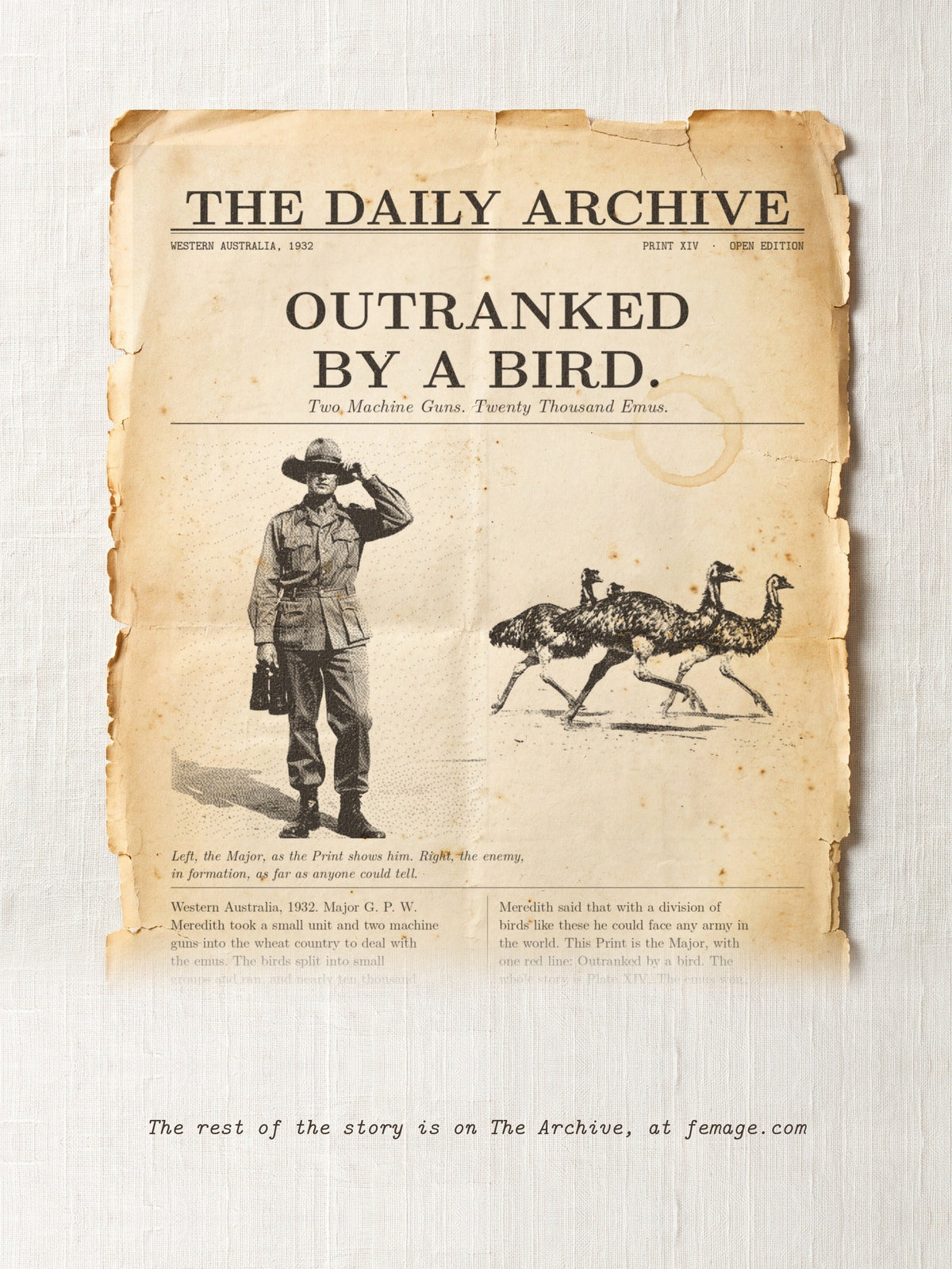 The story of this Print on aged newspaper paper: the title and first lines of the true story, from The Daily Archive.