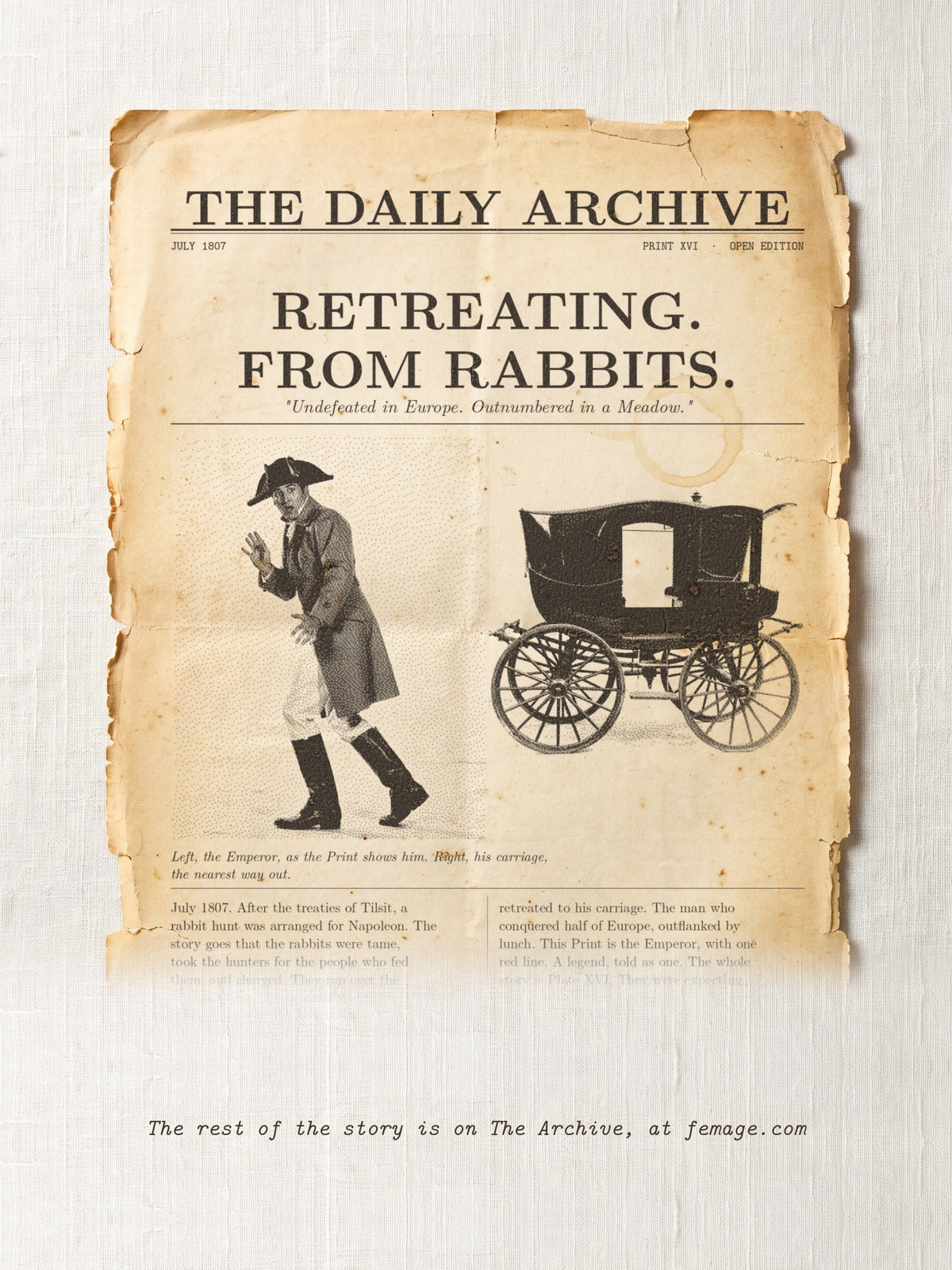 The story of this Print on aged newspaper paper: the title and first lines of the true story, from The Daily Archive.