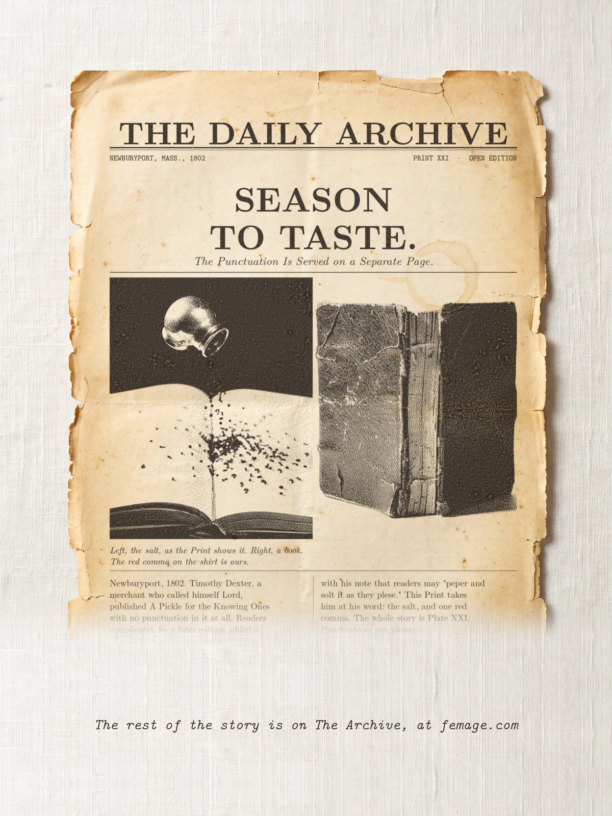 The story of this Print on aged newspaper paper: the title and first lines of the true story, from The Daily Archive.