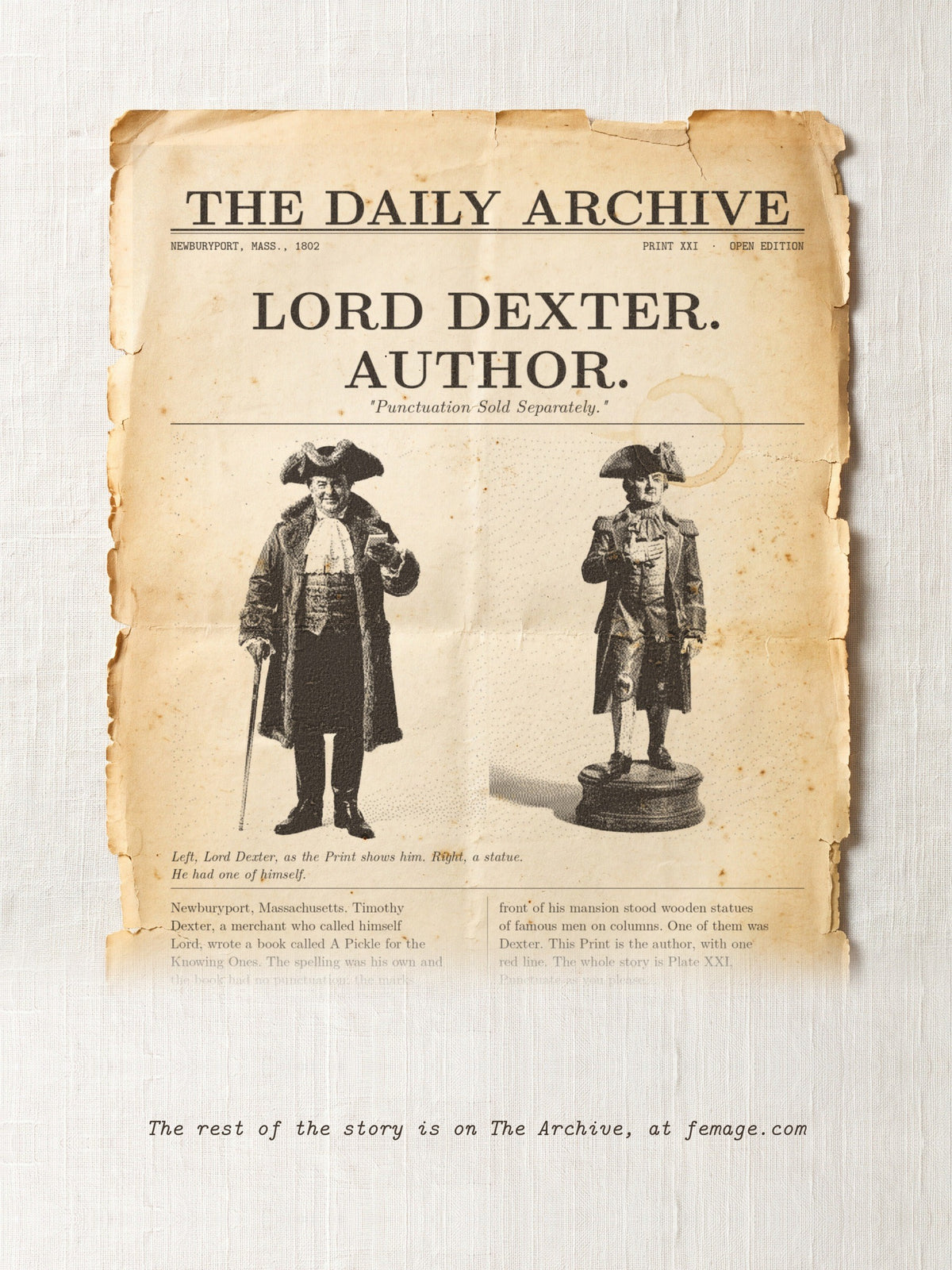 The story of this Print on aged newspaper paper: the title and first lines of the true story, from The Daily Archive.