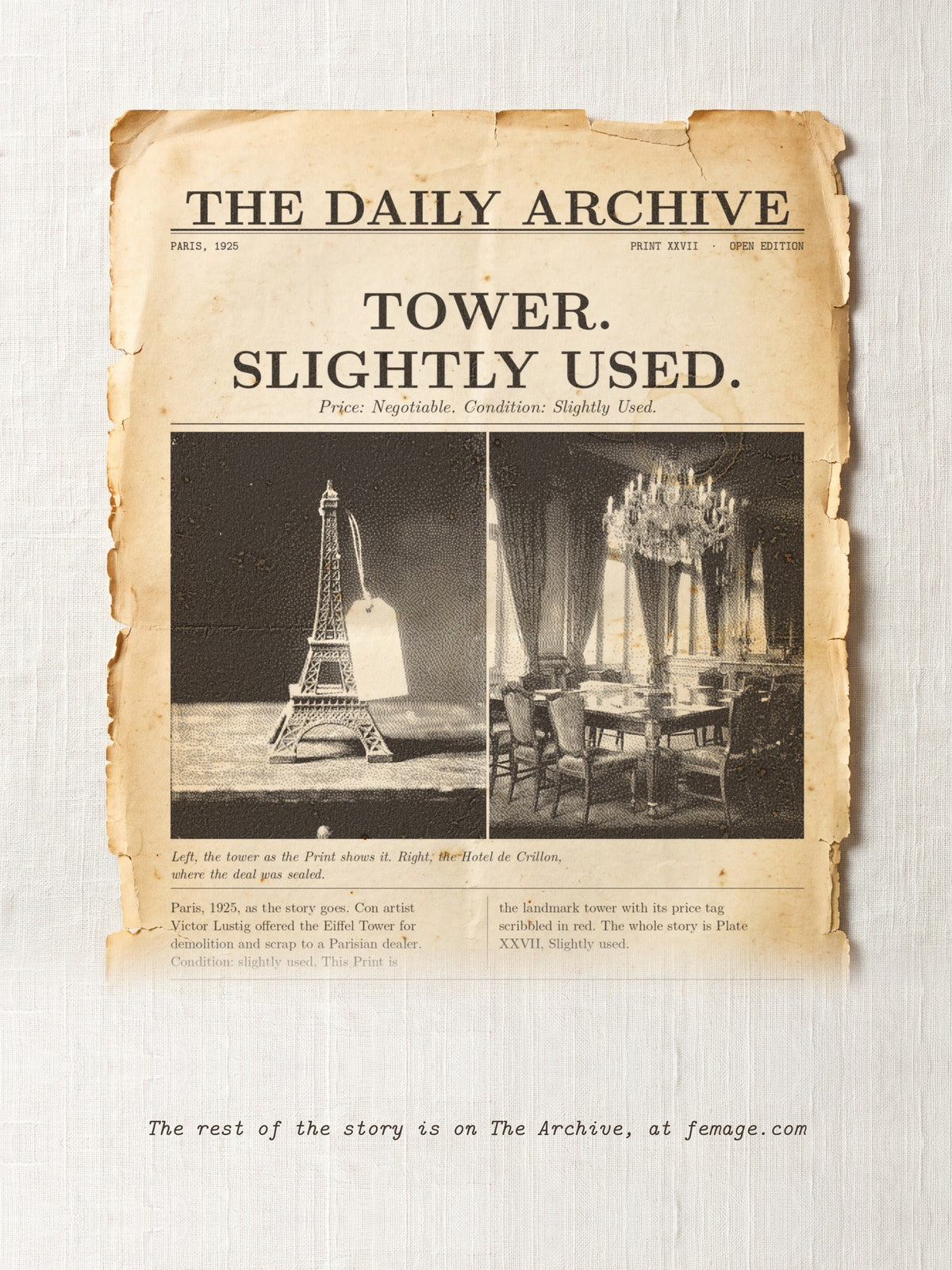 The story of this Print on aged newspaper paper: the title and first lines of the true story, from The Daily Archive.
