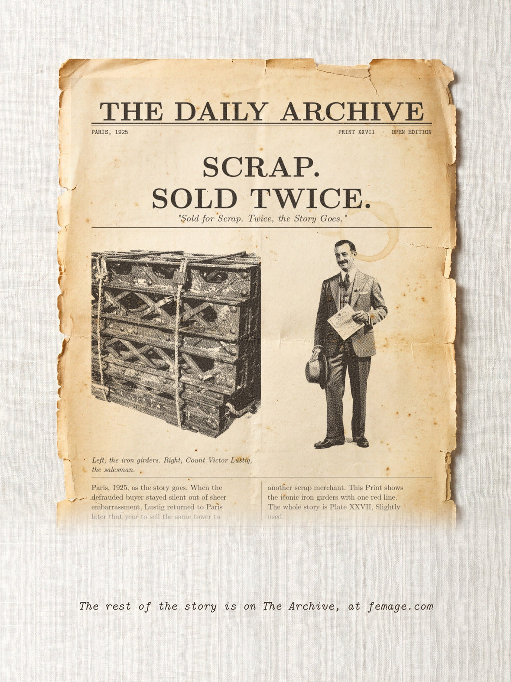 The story of this Print on aged newspaper paper: the title and first lines of the true story, from The Daily Archive.