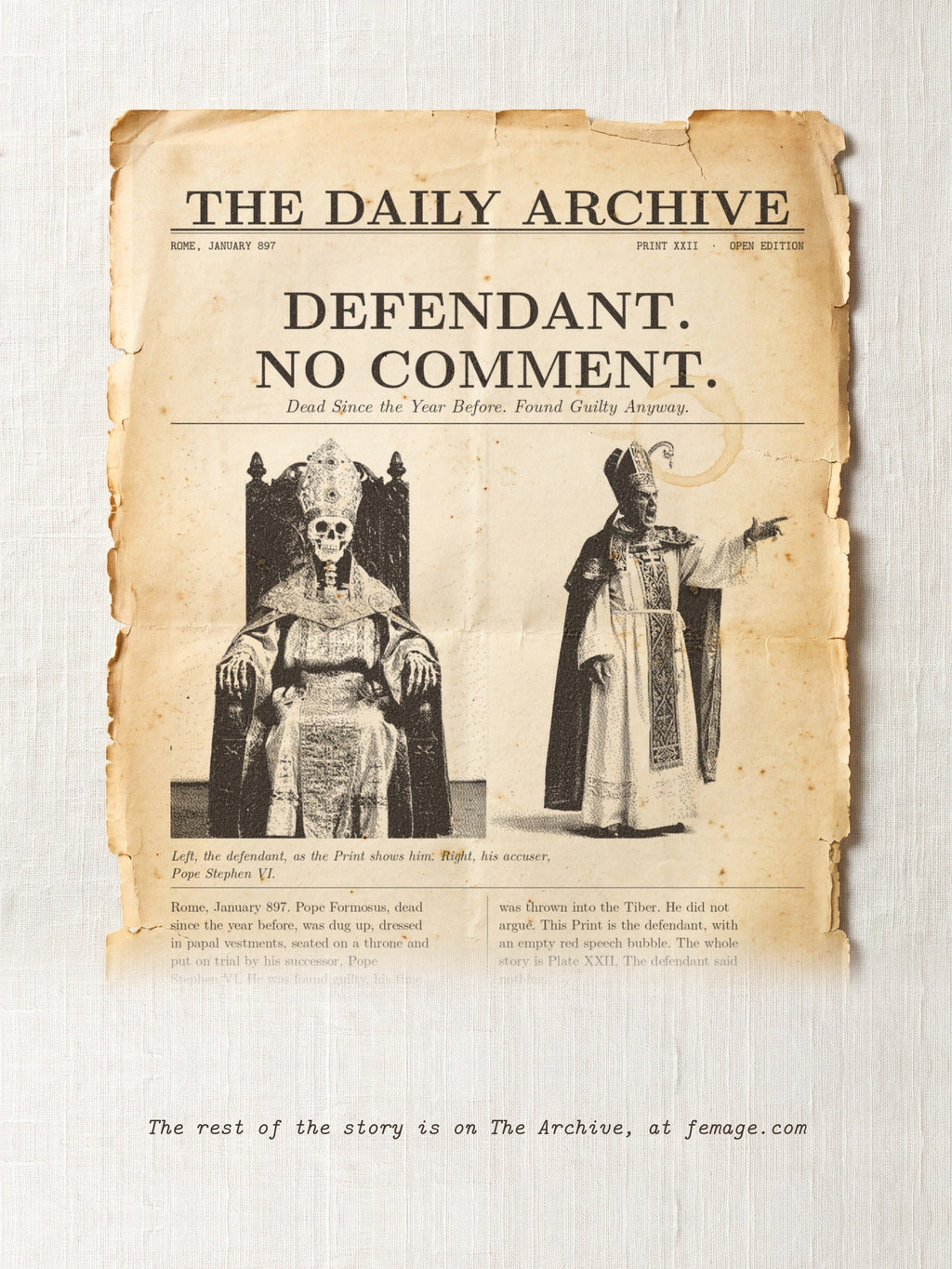 The story of this Print on aged newspaper paper: the title and first lines of the true story, from The Daily Archive.
