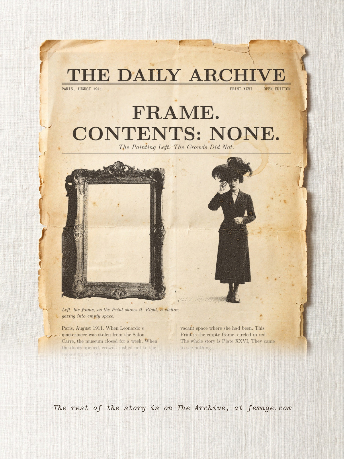 The story of this Print on aged newspaper paper: the title and first lines of the true story, from The Daily Archive.