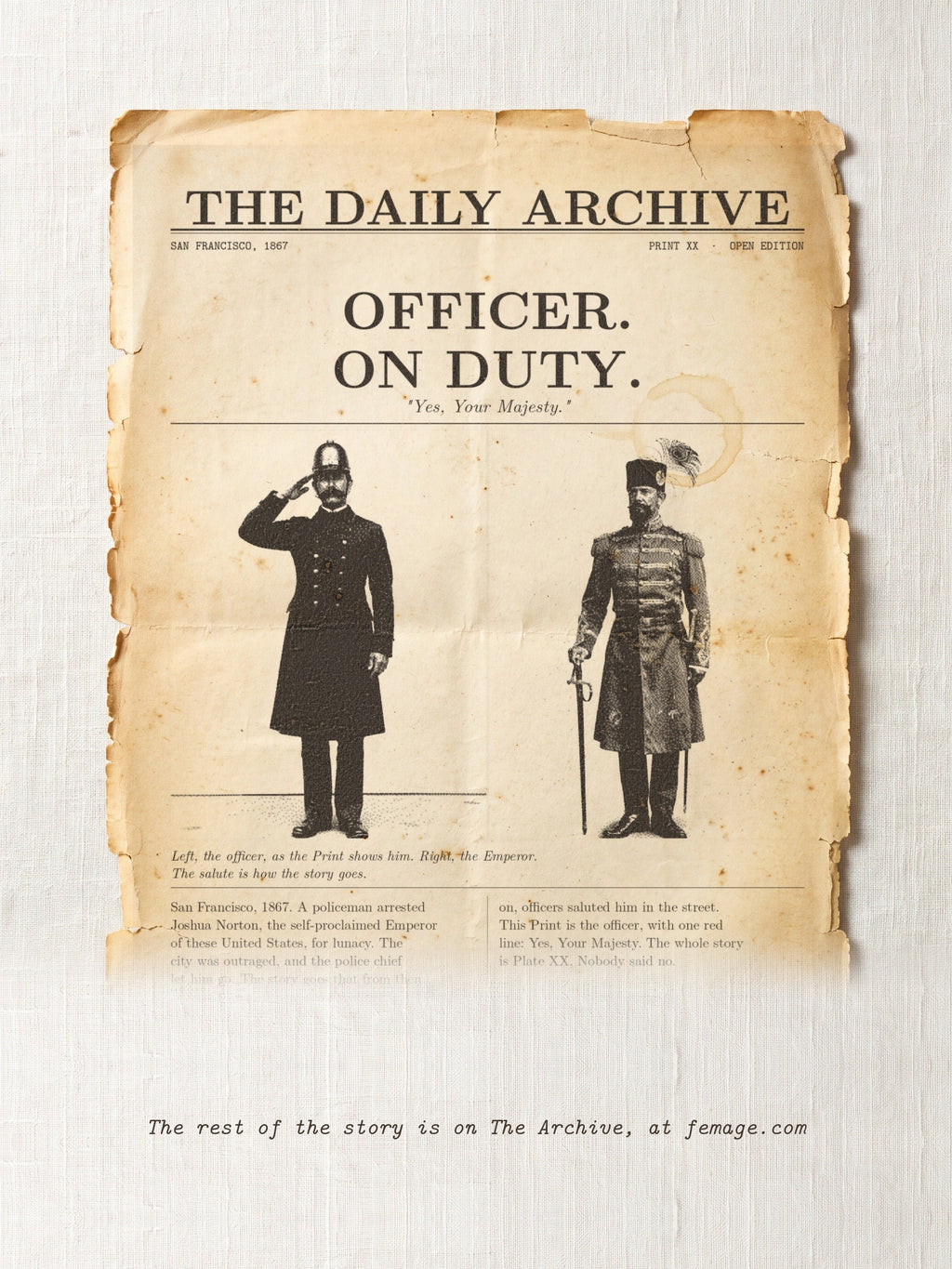 The story of this Print on aged newspaper paper: the title and first lines of the true story, from The Daily Archive.