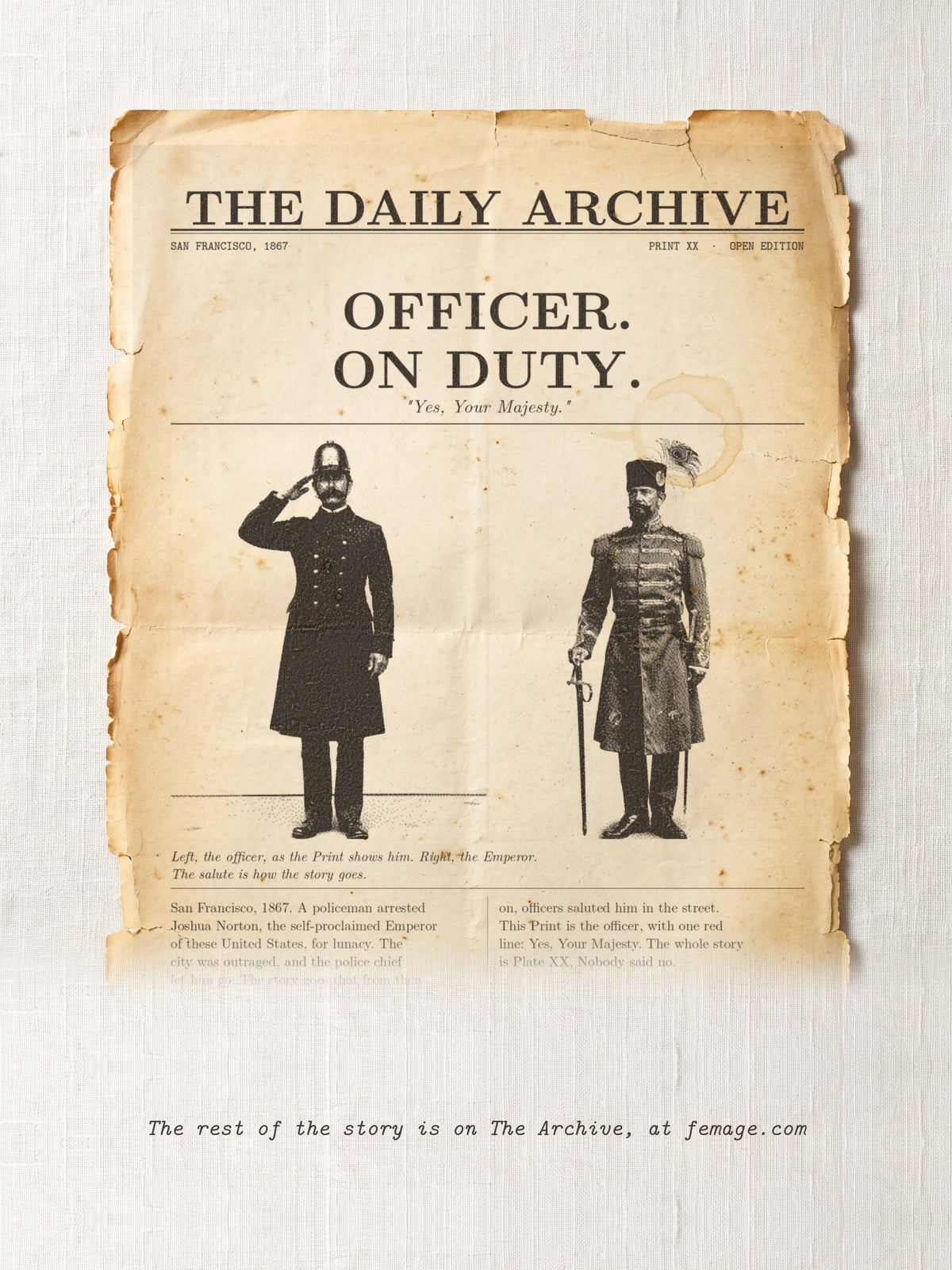 The story of this Print on aged newspaper paper: the title and first lines of the true story, from The Daily Archive.