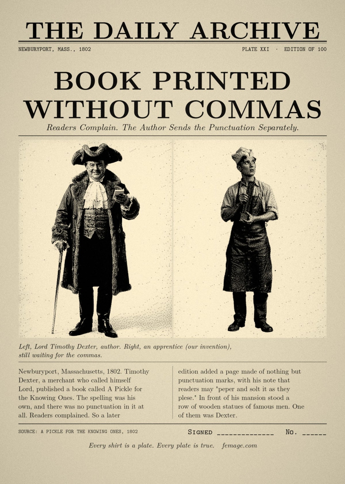 The Daily Archive story card: Book printed without commas