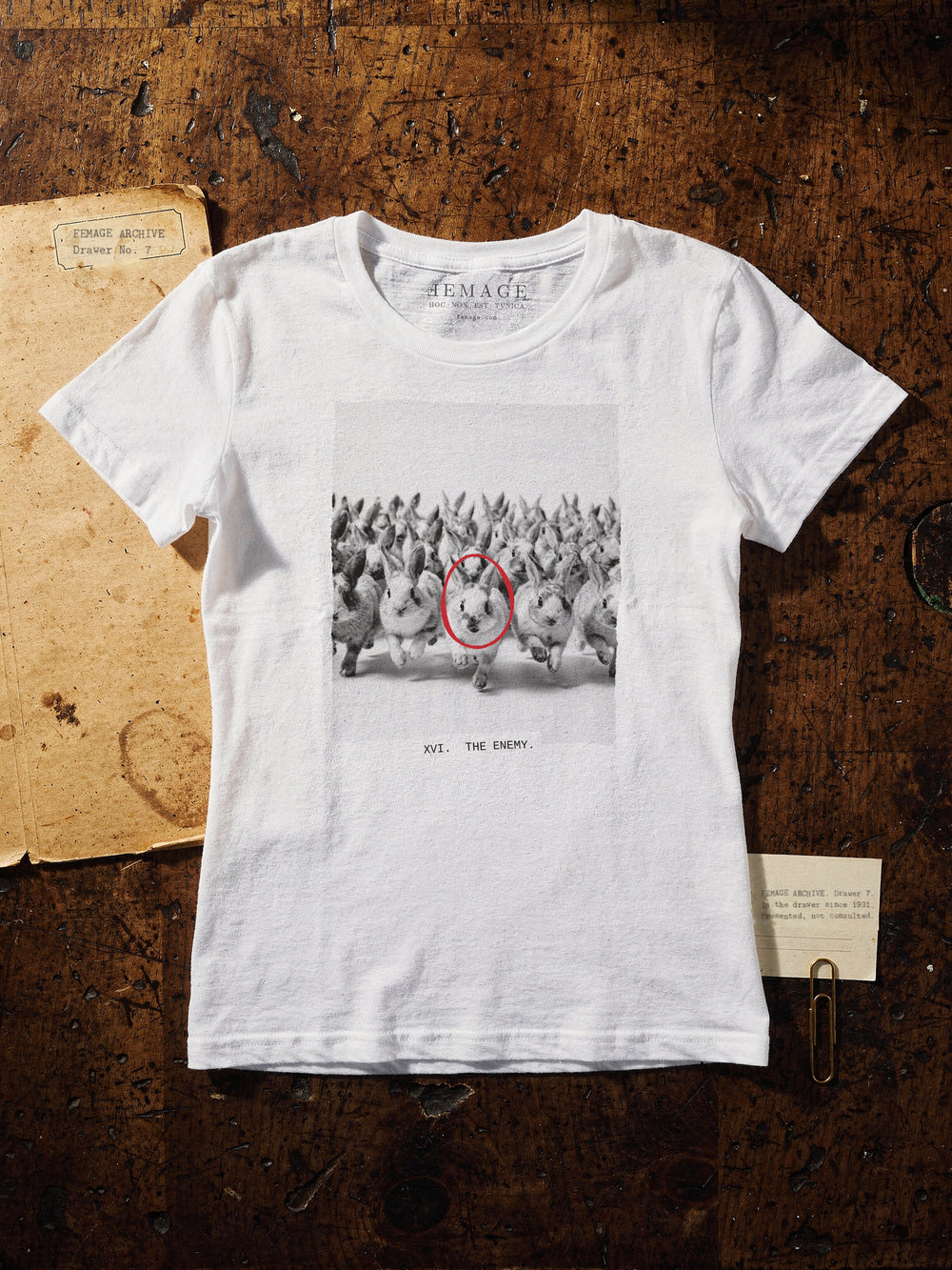 Print XVI, the charging rabbits, a black and white photograph on a white T-shirt