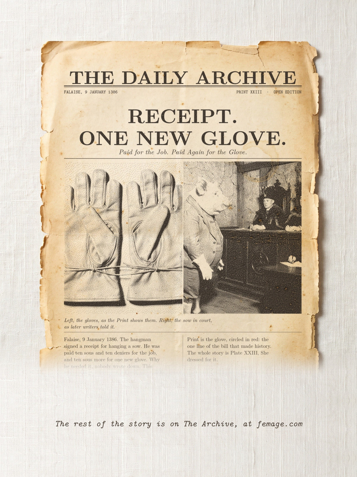 The Daily Archive story card for Print XXIII: Receipt. One new glove.