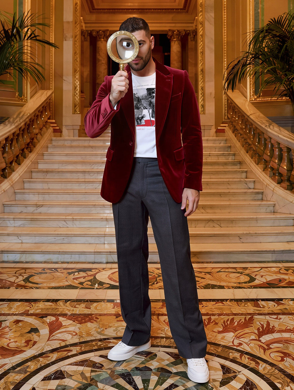 Man in a red velvet jacket with a magnifying glass in a hotel lobby, wearing Plate XX