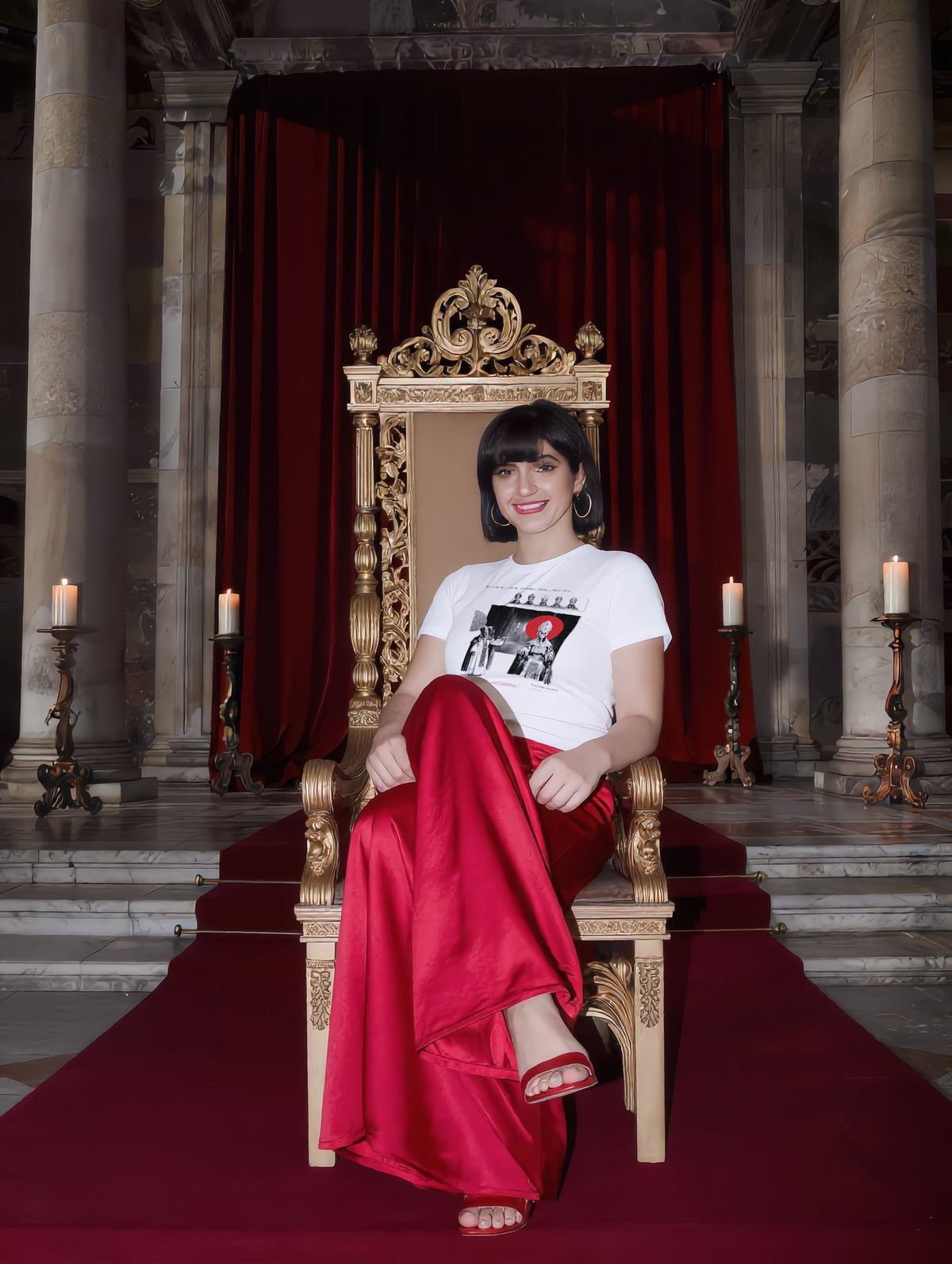 Woman in red satin on a throne, wearing Plate XXII