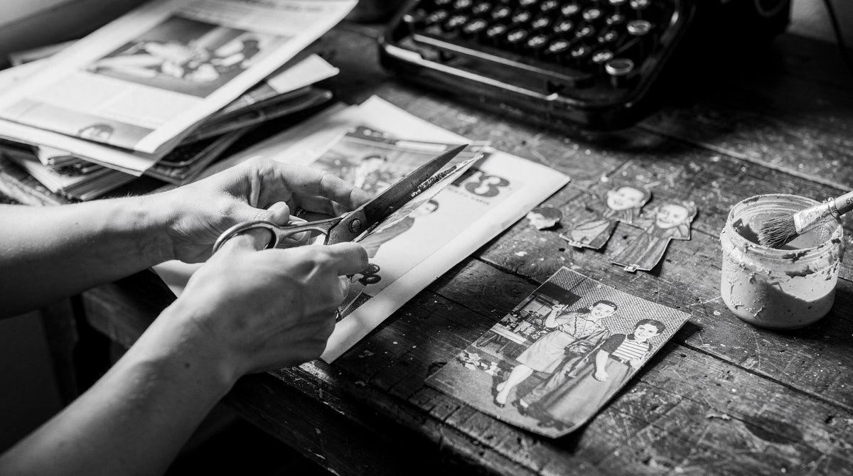 The work table: cutting from an old magazine
