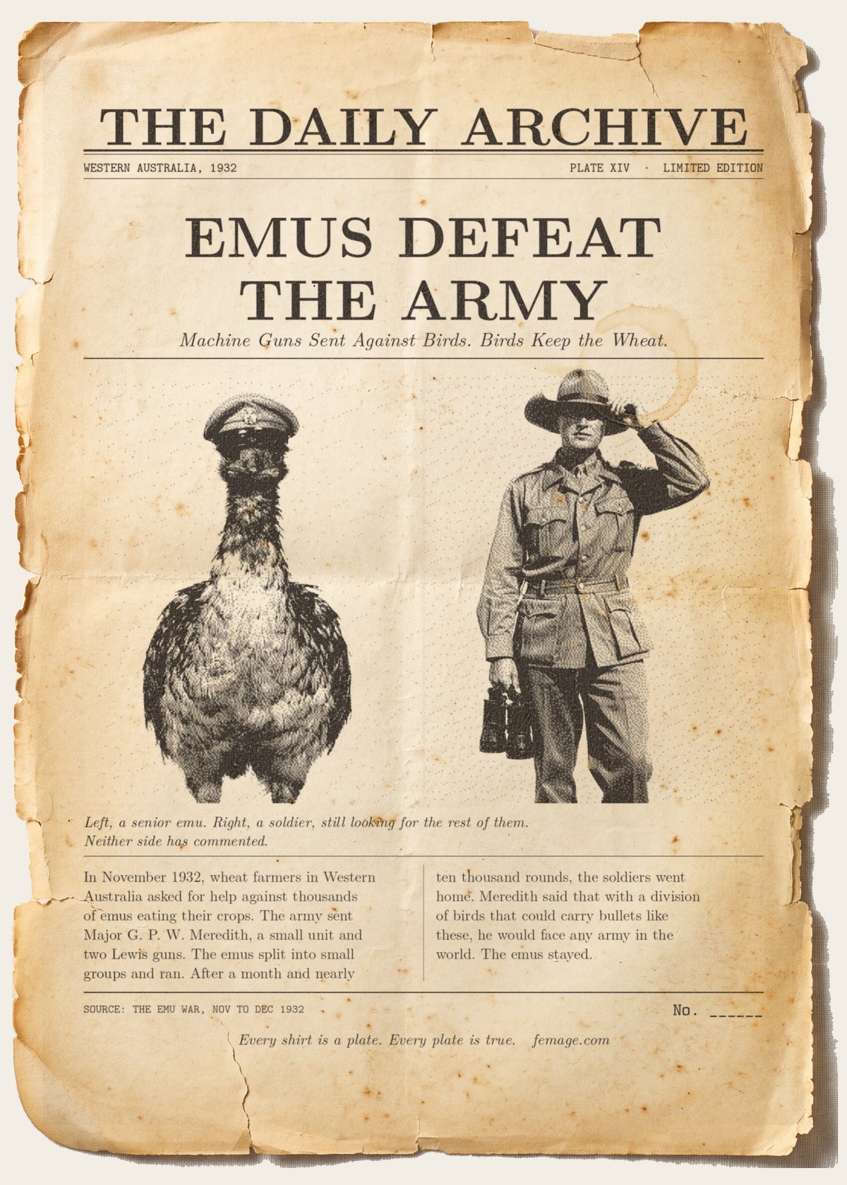The Daily Archive story card: Emus defeat the army