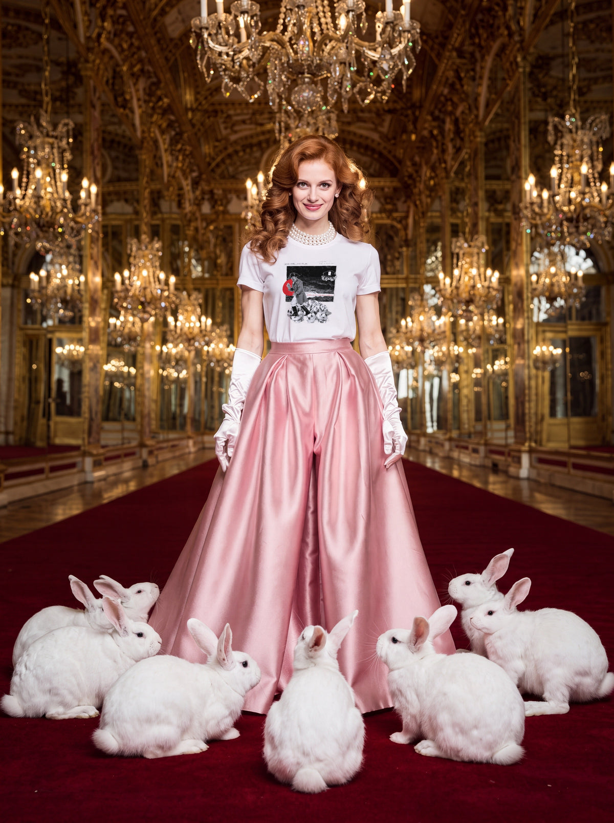 Red-haired woman in a pink skirt with white rabbits in a hall of mirrors, wearing Plate XVI
