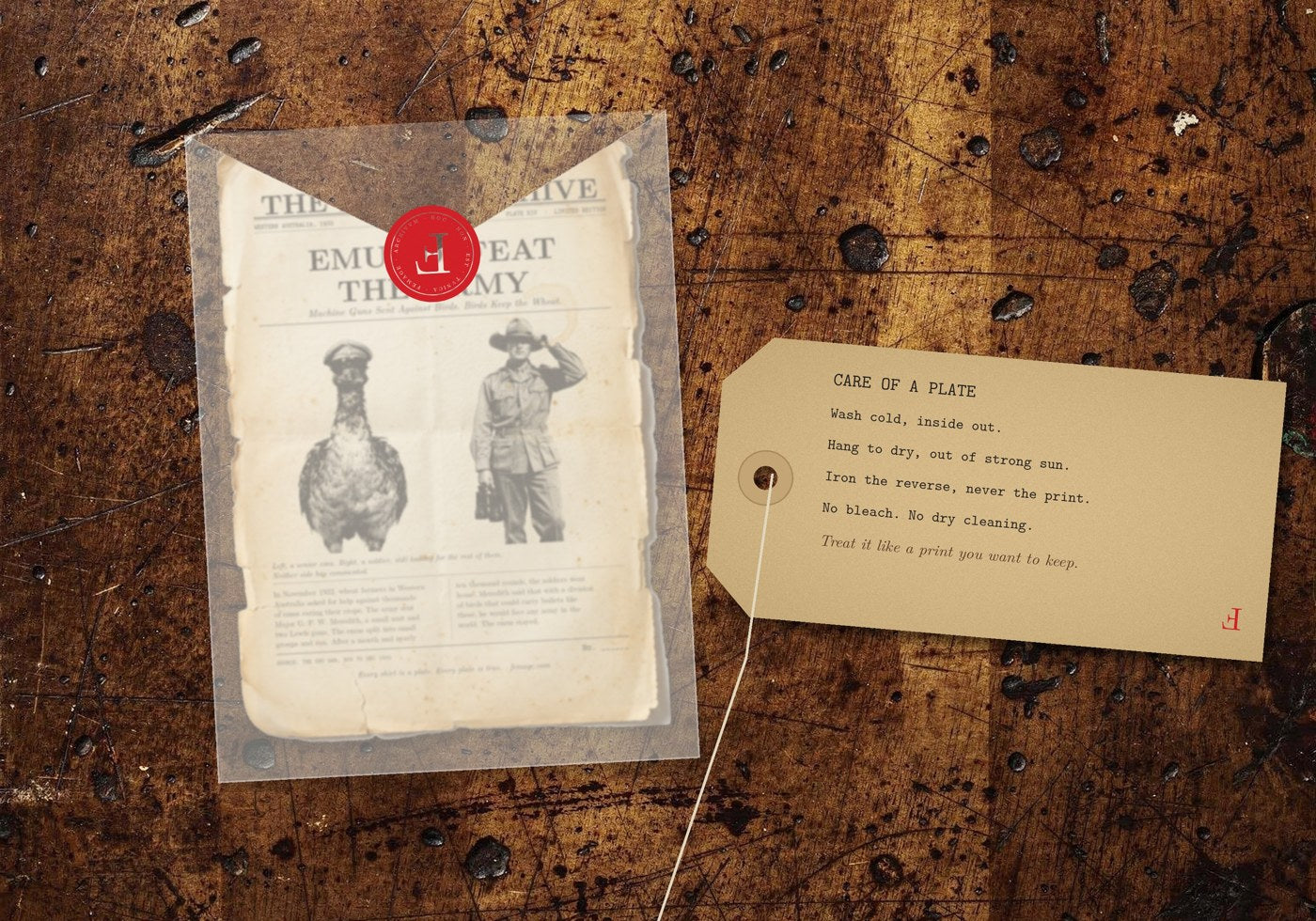 The story card in its sealed sleeve and the care tag