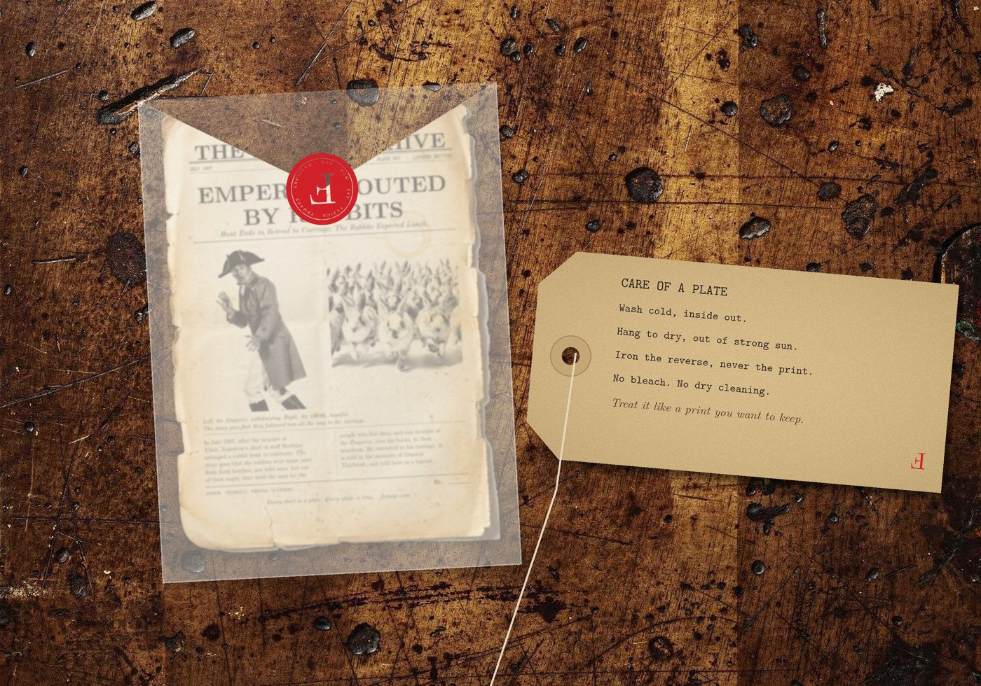 The story card in its sealed sleeve and the care tag