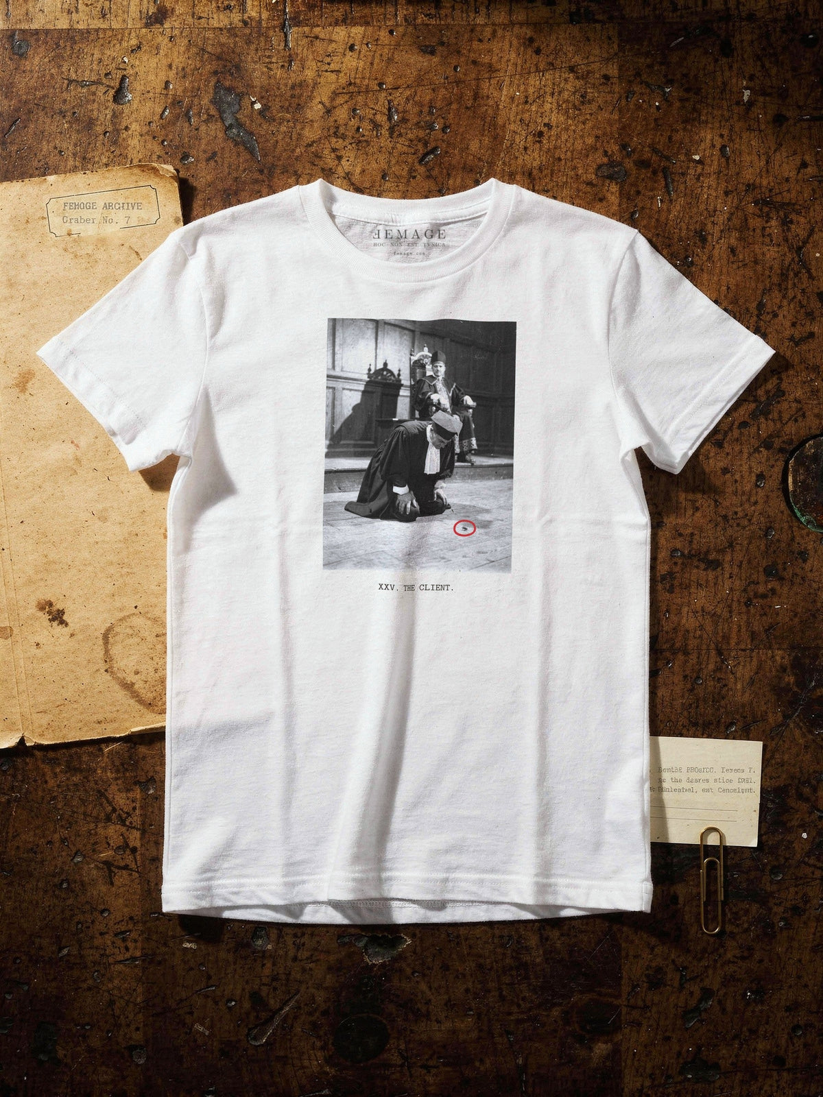 Print XXV, the client, black and white print on the men's tee