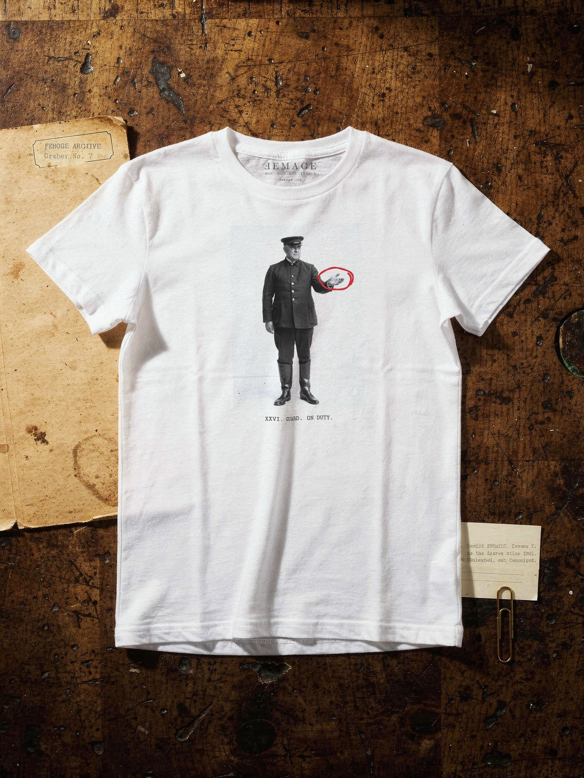 Print XXVI, the guard, black and white print on the men's tee