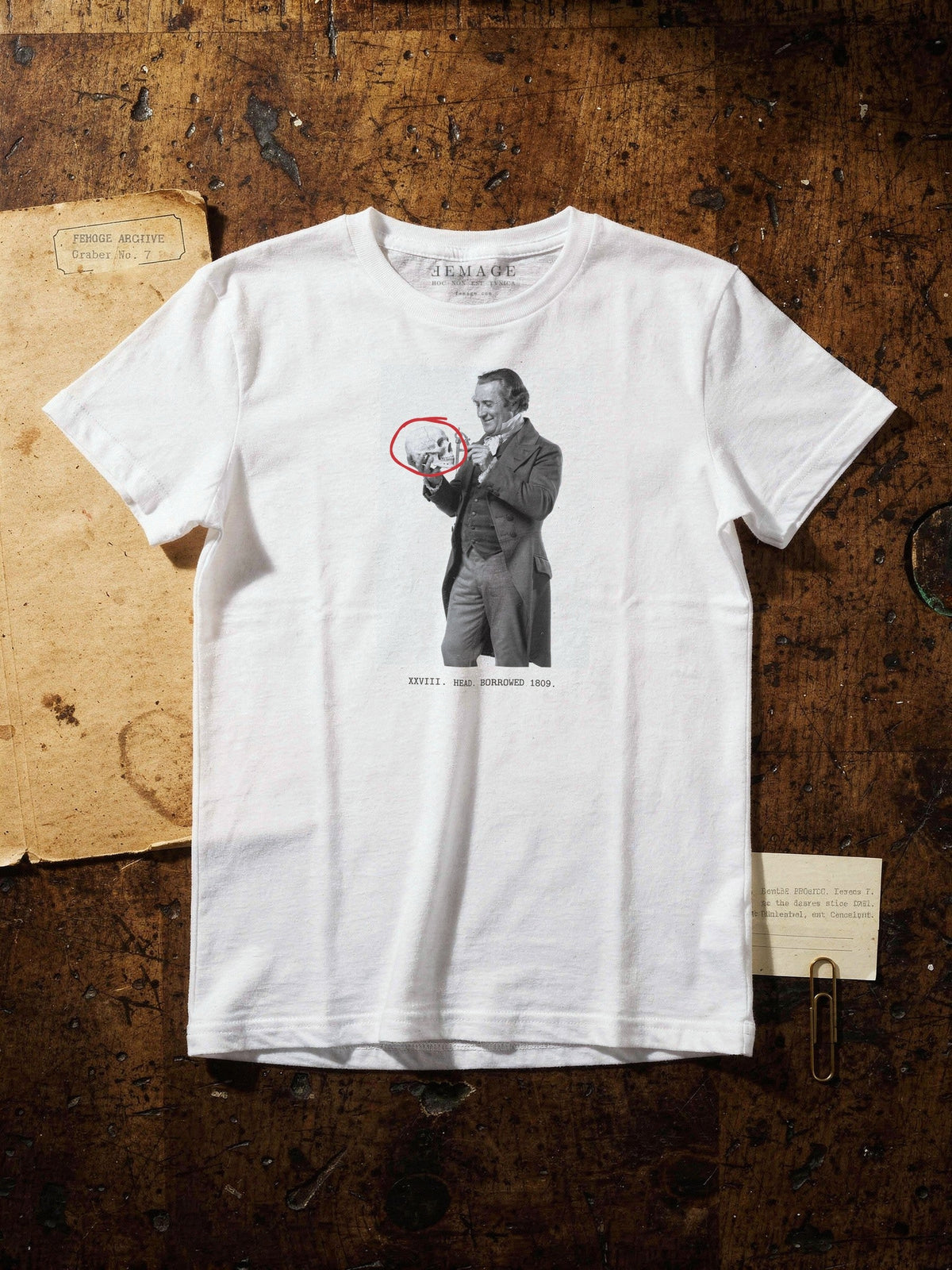 Print XXVIII, the phrenologist, black and white print on the men's tee