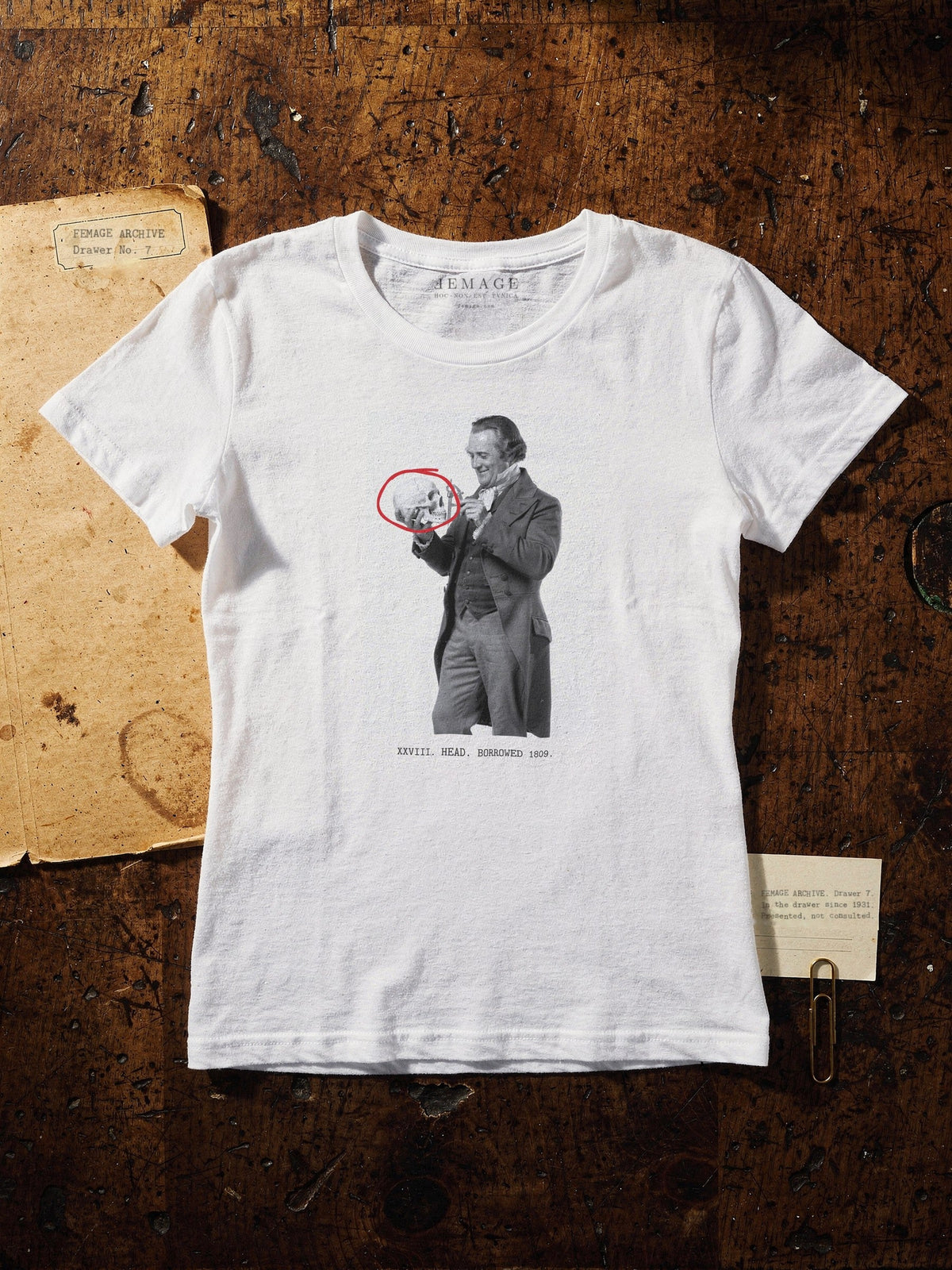 Print XXVIII, the phrenologist, black and white print on the women's fitted tee